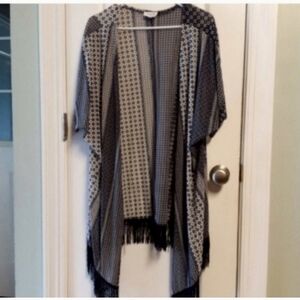 Siren Lily Navy Blue Cream Open Fringe Kimono Women 2X Patterned Geometric Boho